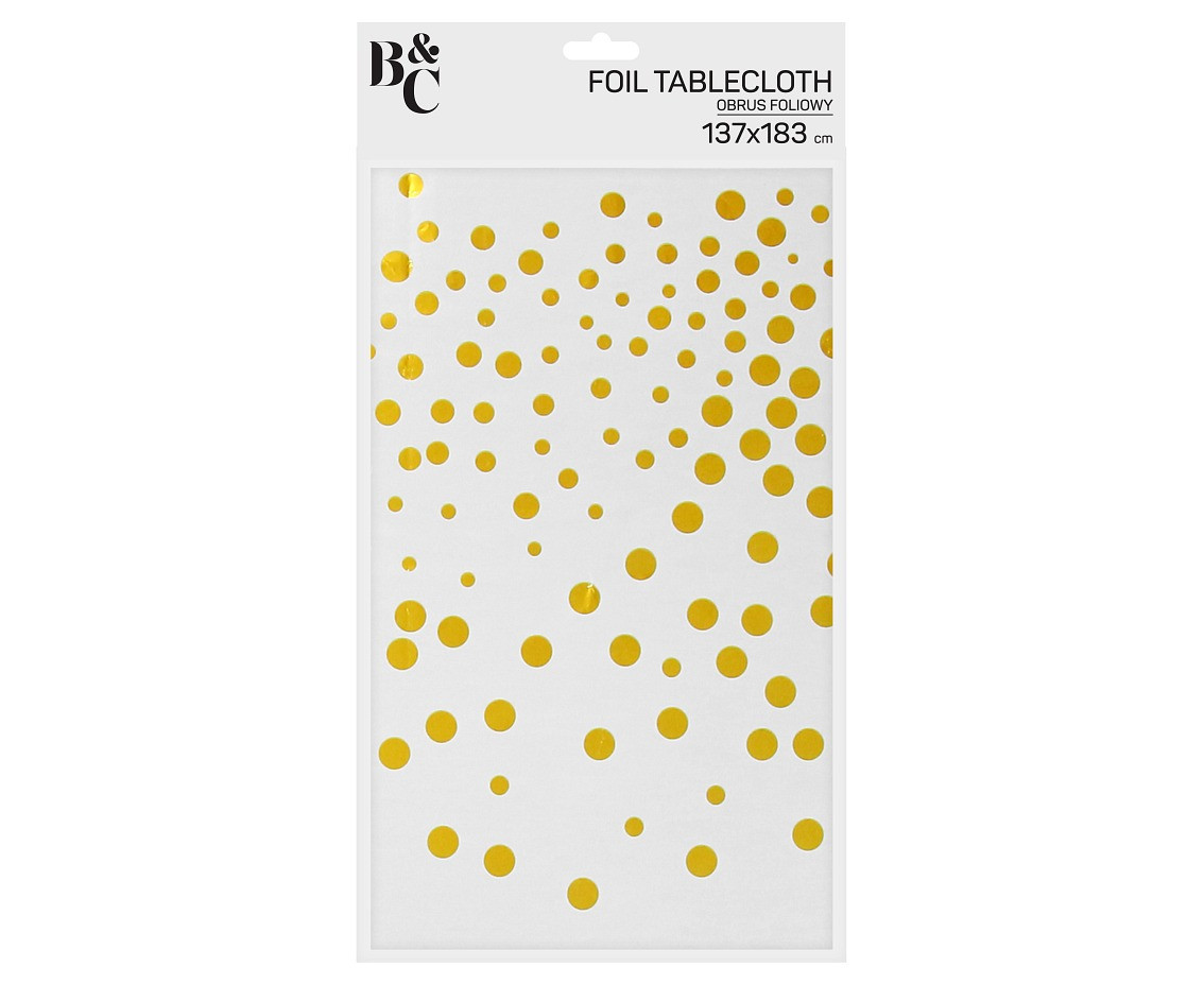 Foil tablecloth B&C gold dots, white, 137x183 cm