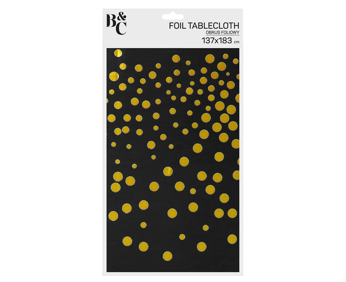 Foil tablecloth B&C gold dots, black, 137x183 cm