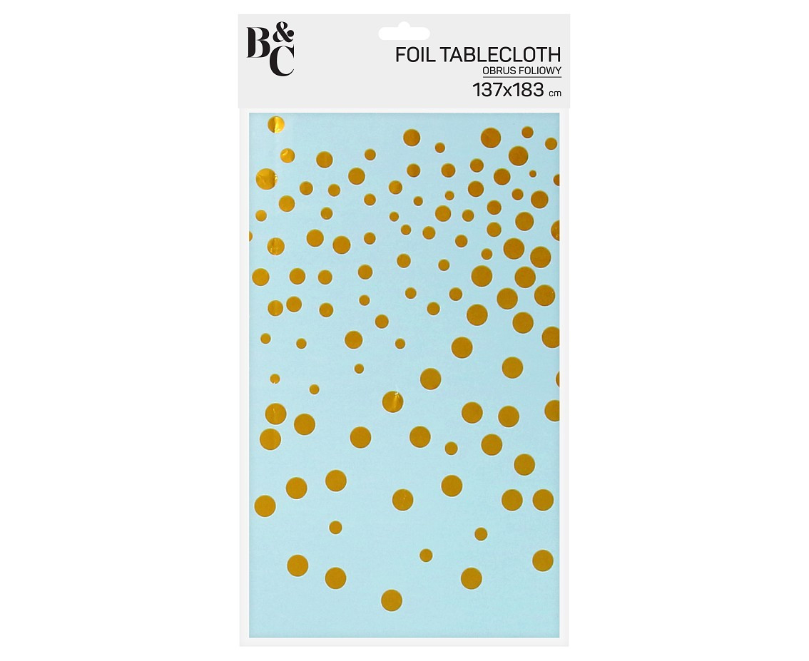 Foil tablecloth B&C gold dots, light blue, 137x183 cm