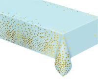 Foil tablecloth B&C gold dots, light blue, 137x183 cm