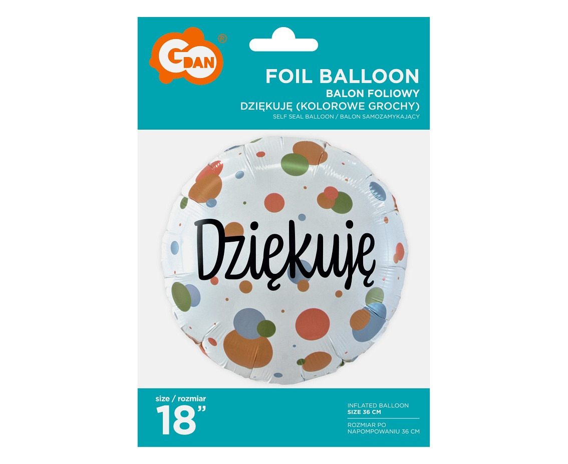 Foil balloon "Dziękuję" (colourful dots) 18" EOL