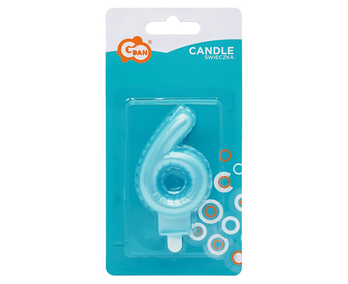 Candle digit 6, pearly light blue, 7 cm EOL
