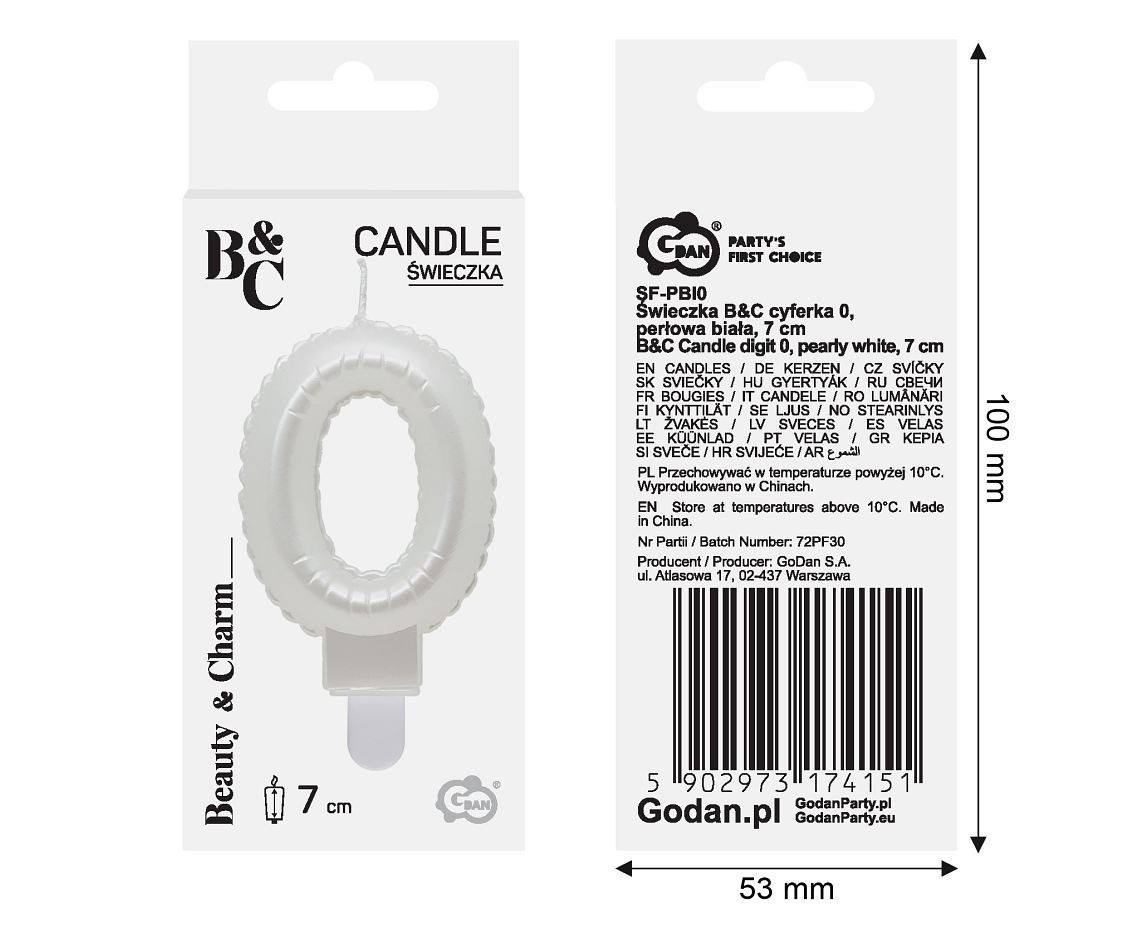 Candle digit 0, pearly white, 7 cm EOL