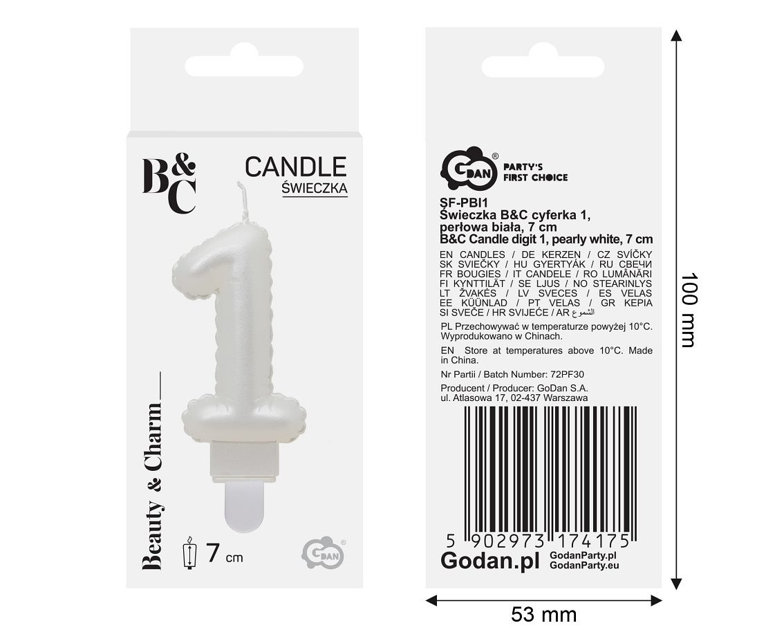 Candle digit 1, pearly white, 7 cm EOL