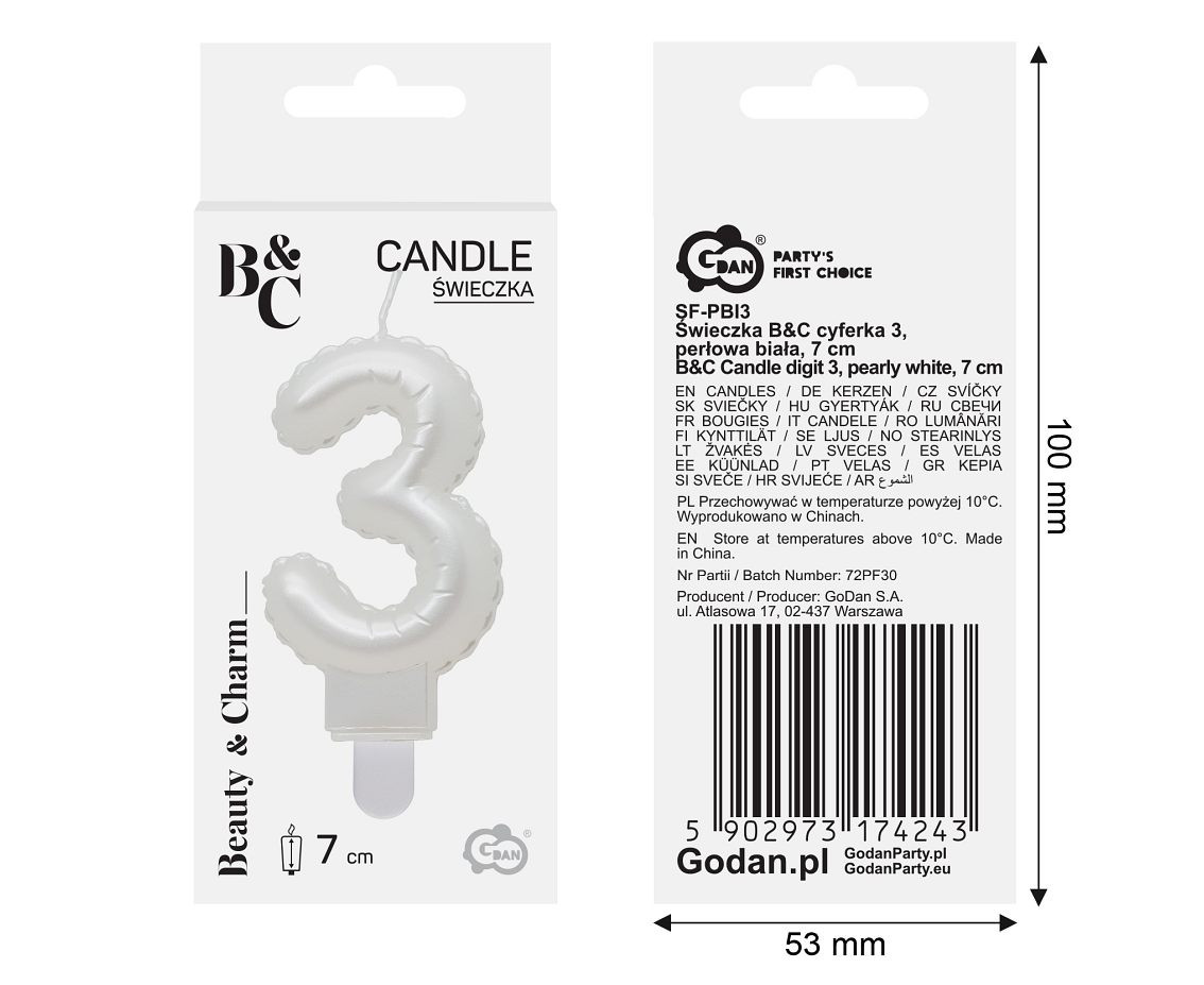 Balloons B&C, candle digit 3, pearly white, 7cm, 1pc EOL