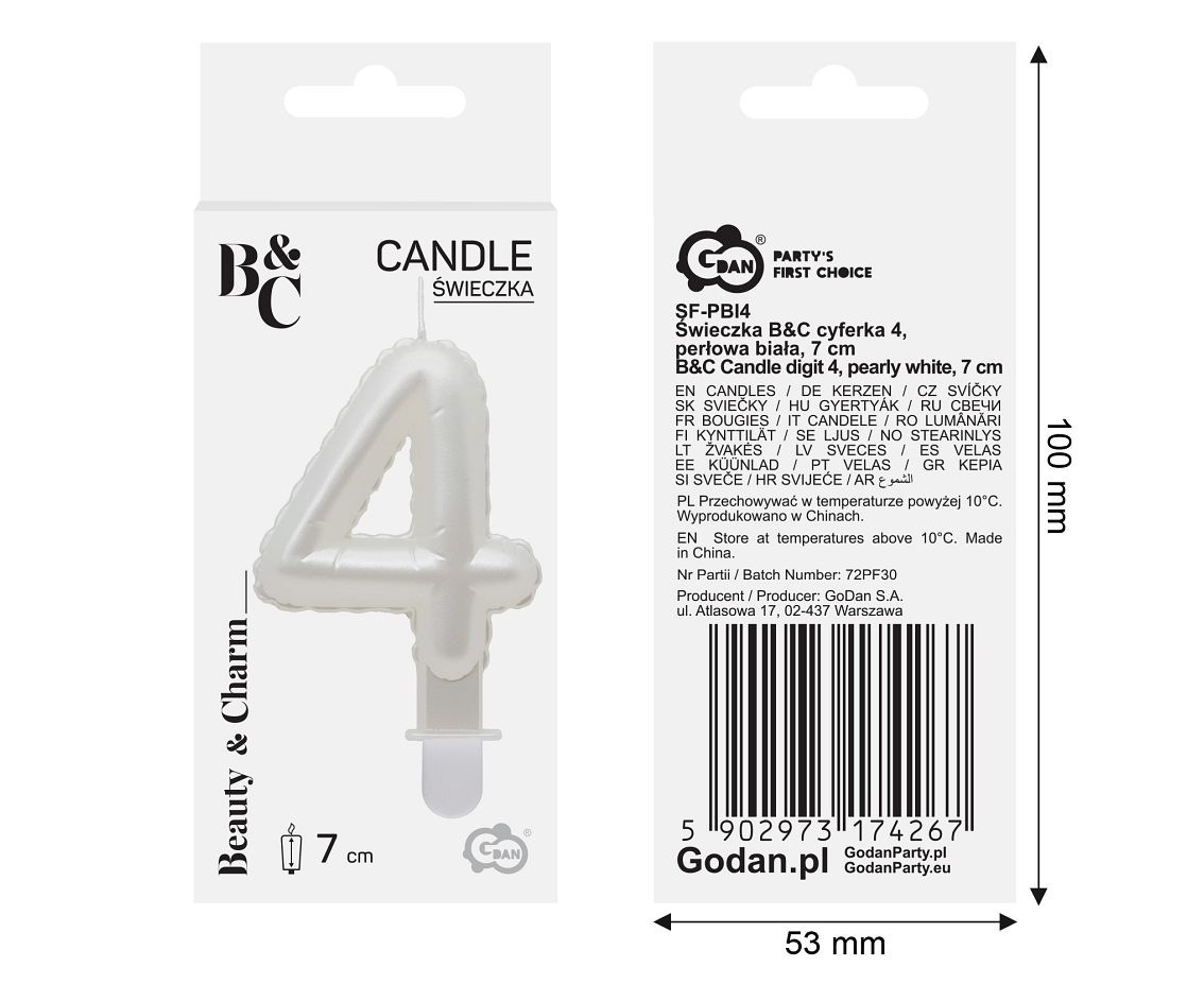 Candle digit 4, pearly white, 7 cm EOL