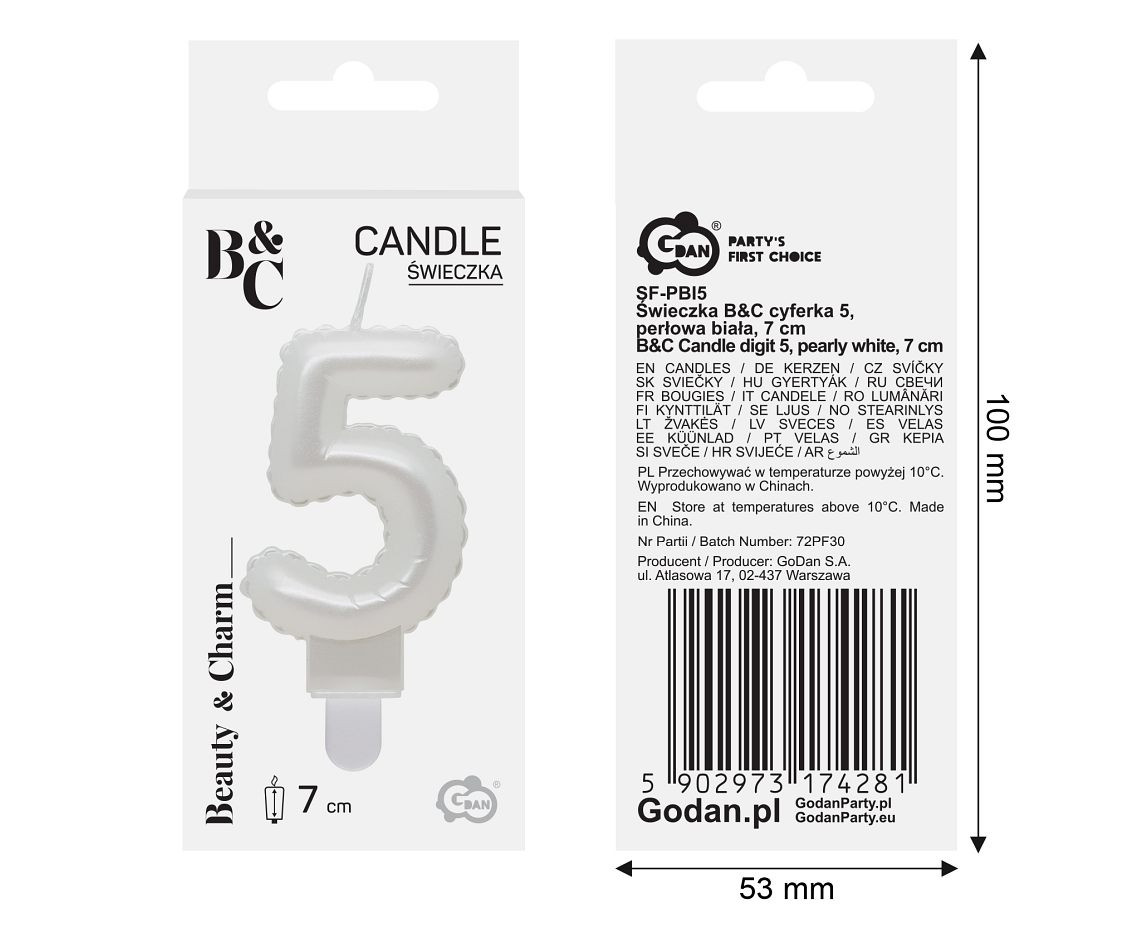 Candle digit 5, pearly white, 7 cm EOL