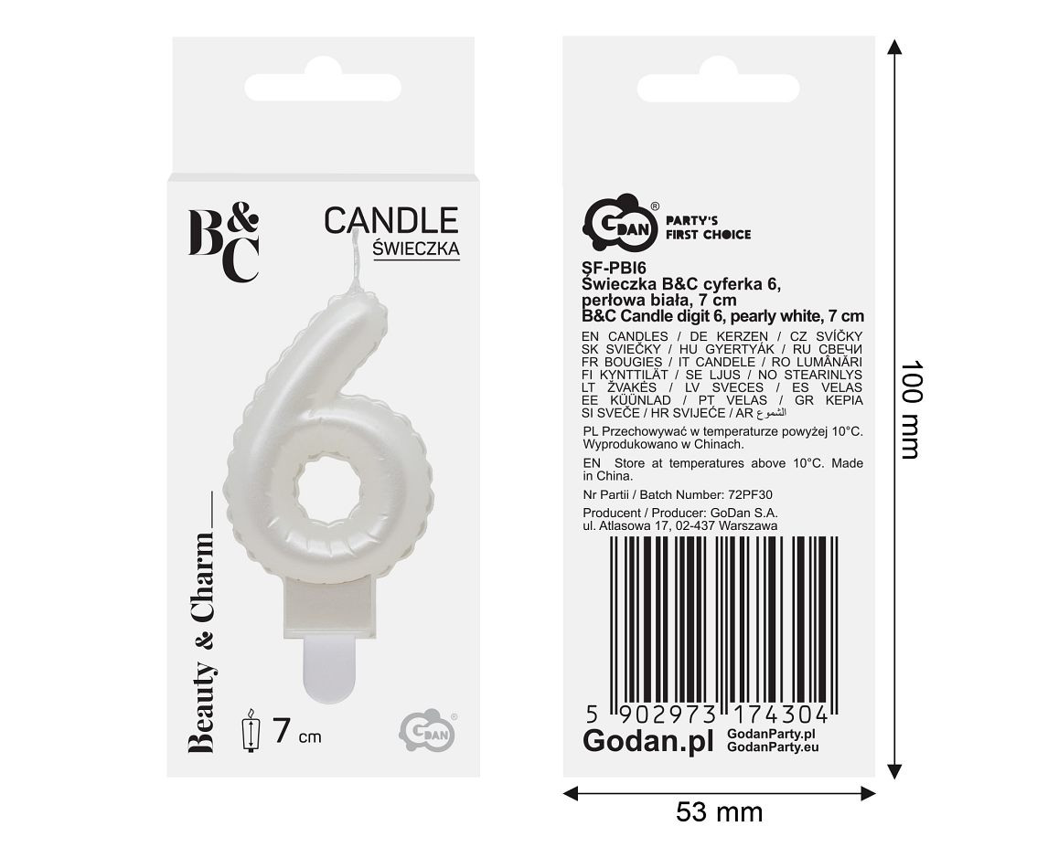 Candle digit 6, pearly white, 7 cm EOL
