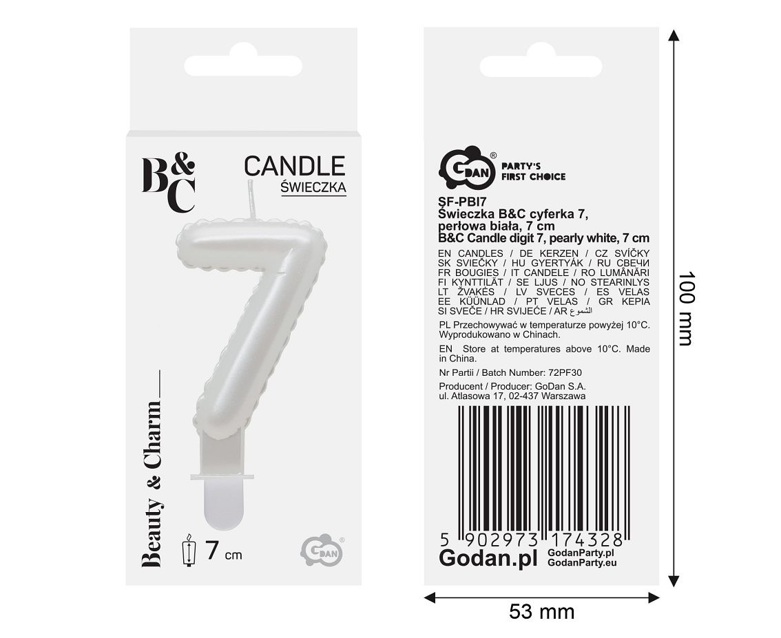 Candle digit 7, pearly white, 7 cm EOL
