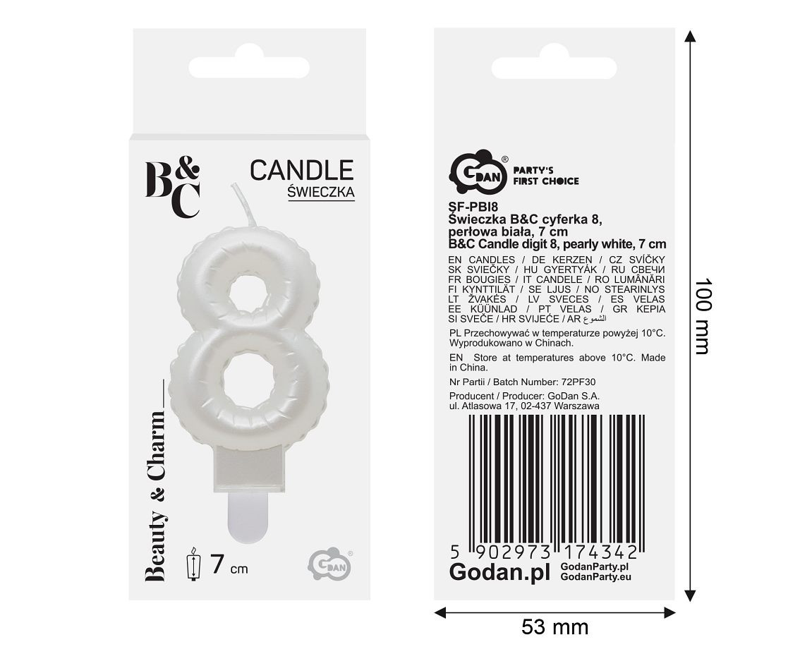 Candle digit 8, pearly white, 7 cm EOL