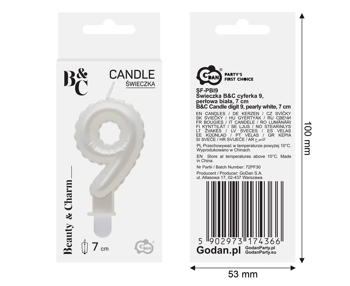Candle number 9, pearly white, 7 cm EOL