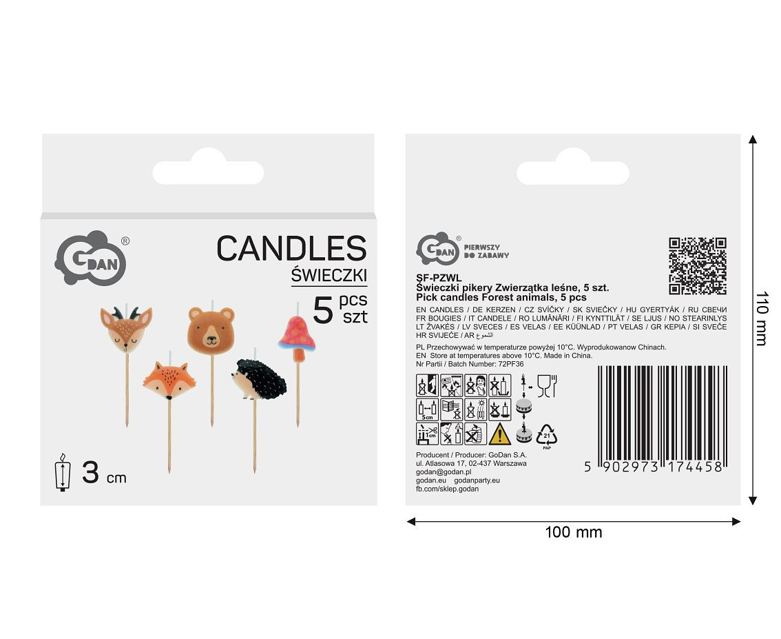 Pick candles Forest animals, total length 8 cm, 5 pcs