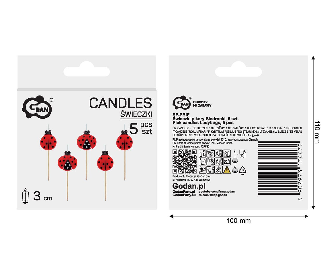 Pick candles Ladybugs, total length 7,5 cm, 5 pcs