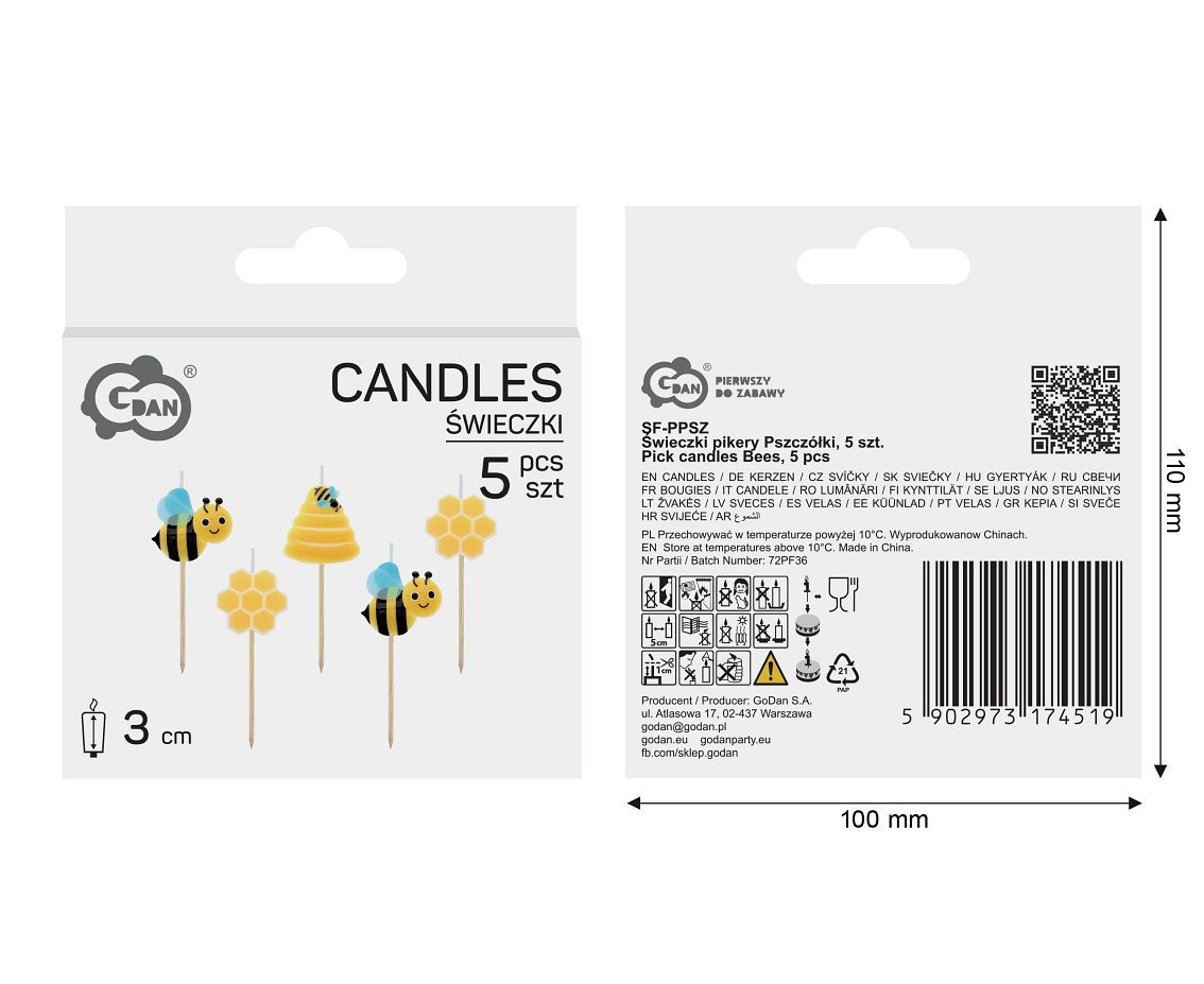 Pick candles Bees, total length 7,5 cm, 5 pcs