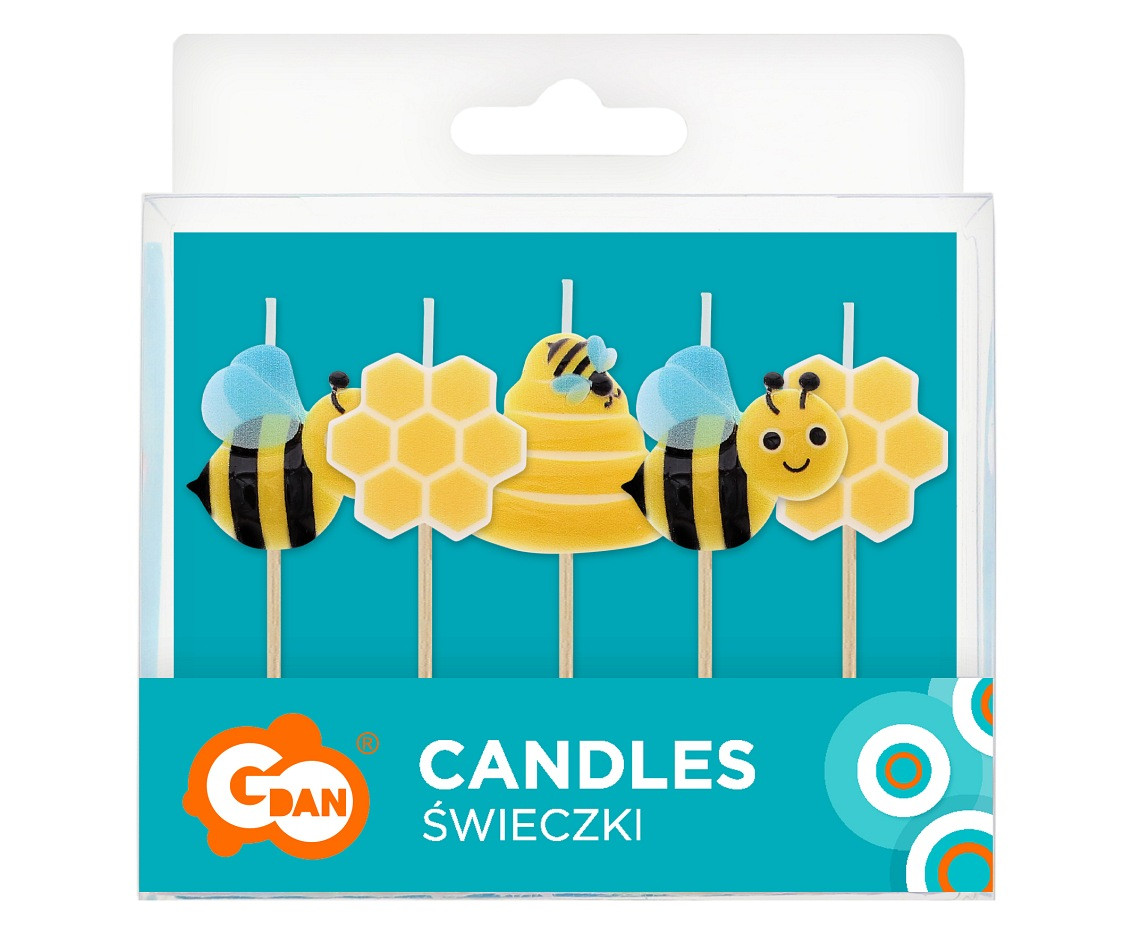 Pick candles Bees, total length 7,5 cm, 5 pcs