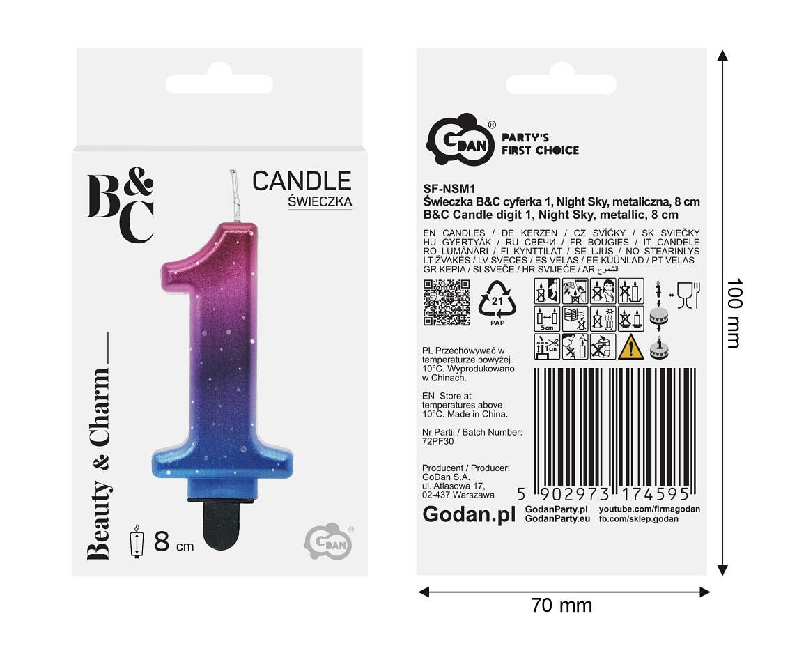 Candle digit 1, Night Sky, metallic, 8 cm