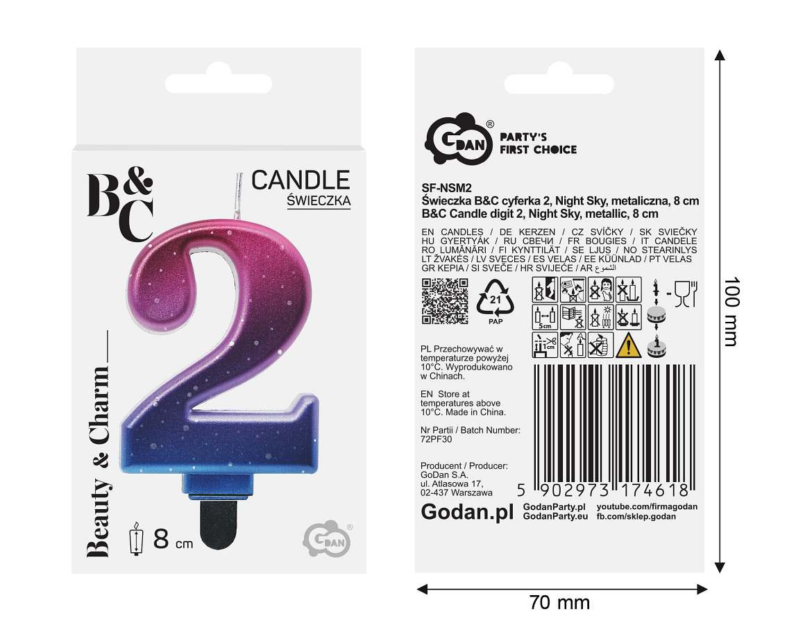 Candle digit 2, Night Sky, metallic, 8 cm