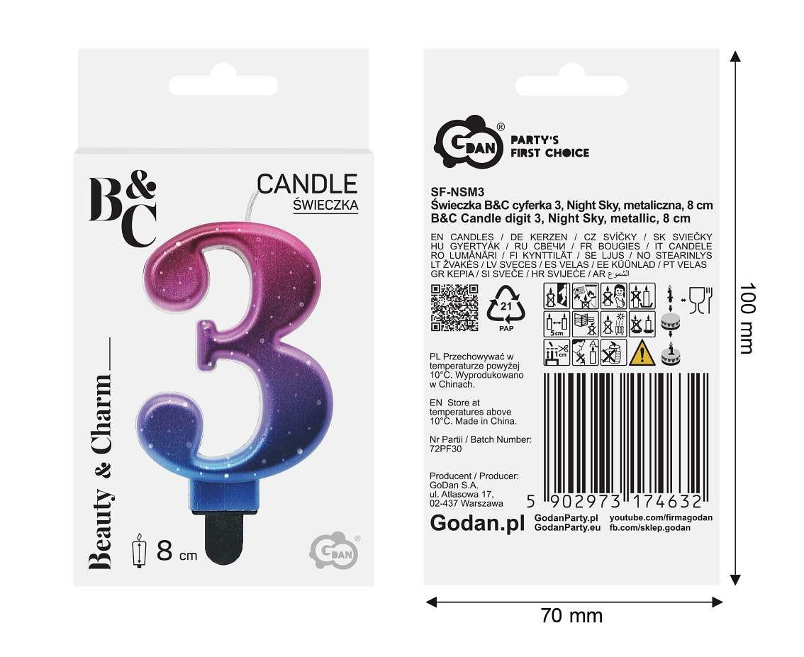Candle digit 3, Night Sky, metallic, 8 cm