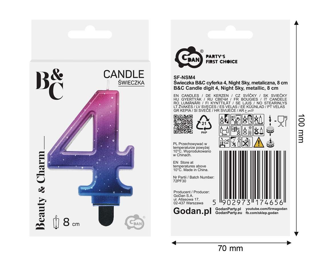 Candle digit 4, Night Sky, metallic, 8 cm