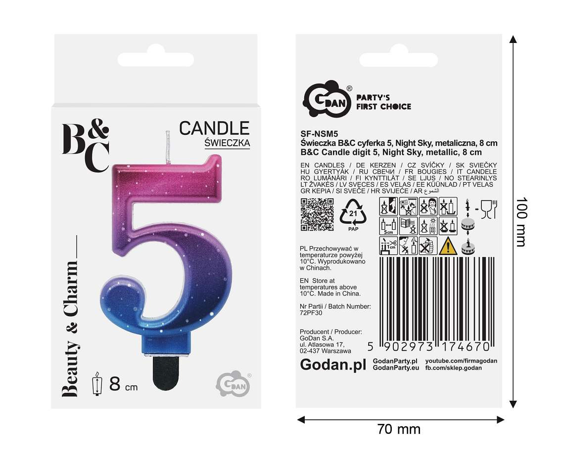 Candle digit 5, Night Sky, metallic, 8 cm