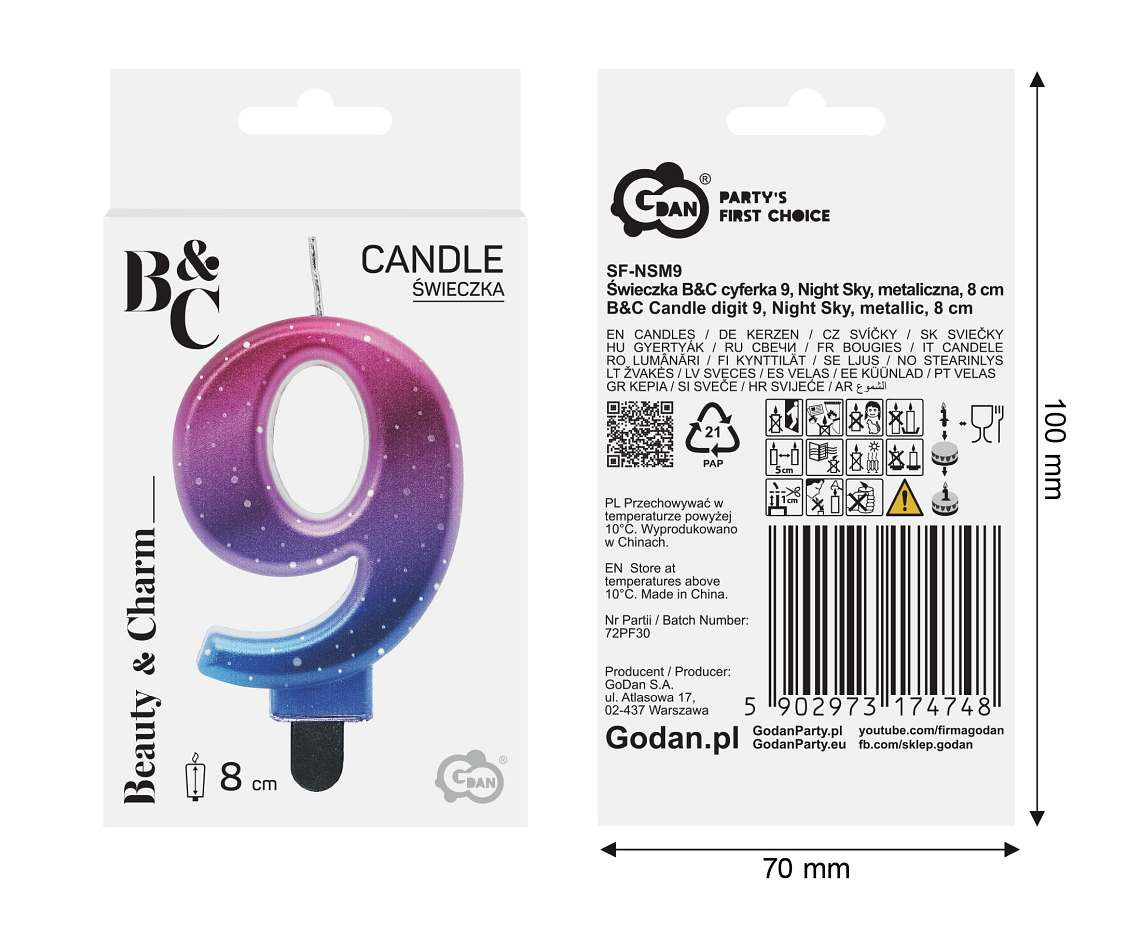 Candle digit 9, Night Sky, metallic, 8 cm