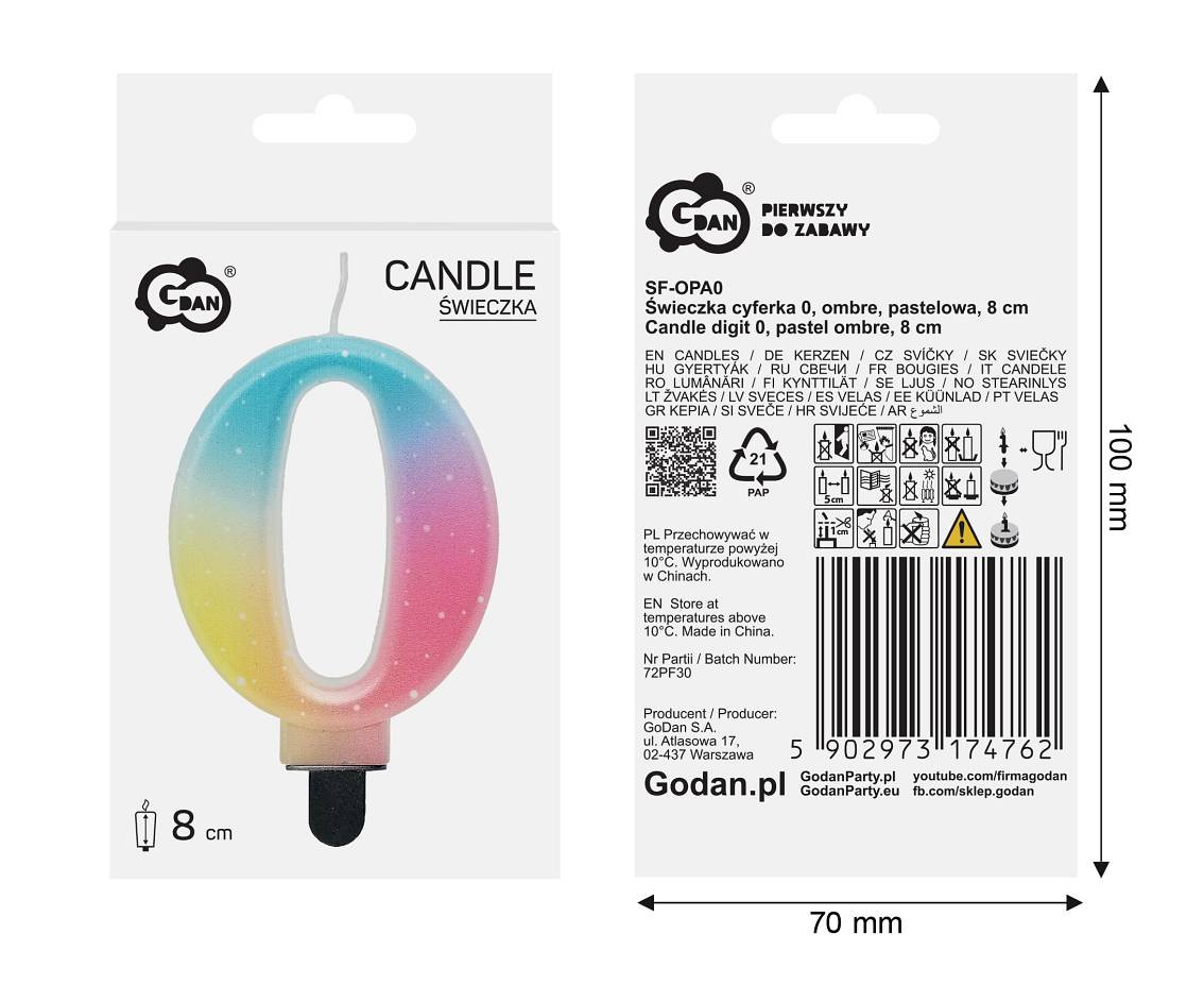 Candle digit 0, pastel ombre, 8 cm EOL