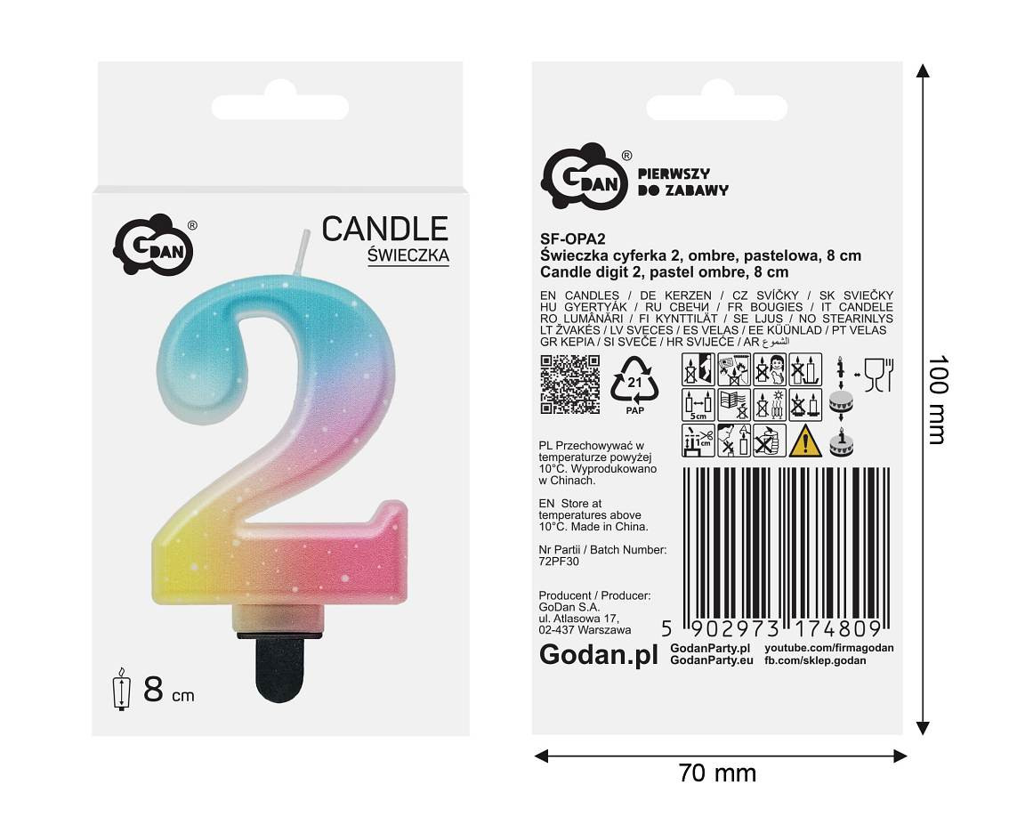 Candle digit 2, pastel ombre, 8 cm EOL