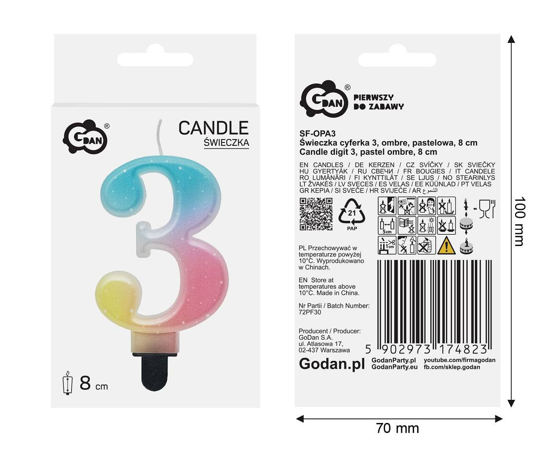 Candle digit 3, pastel ombre, 8 cm EOL