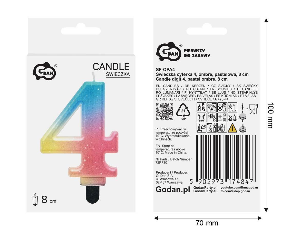 Candle digit 4, pastel ombre, 8 cm EOL