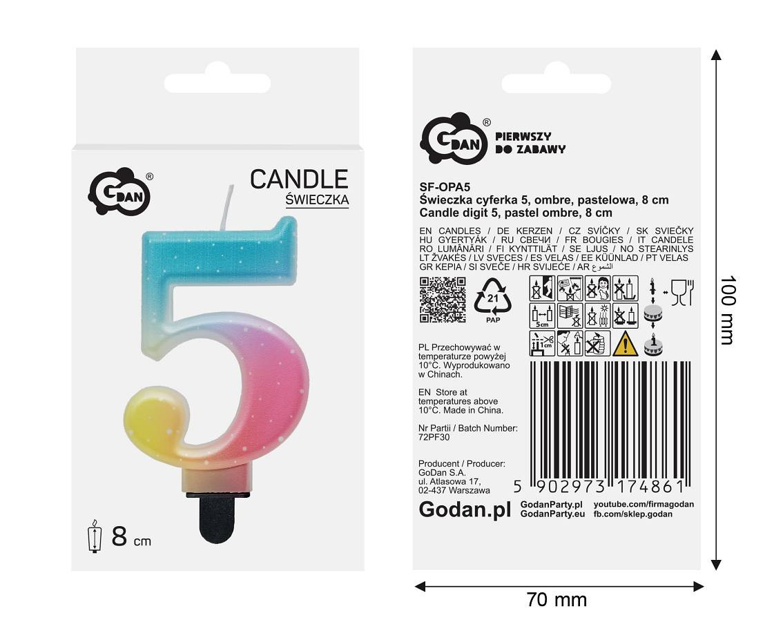 Candle digit 5, pastel ombre, 8 cm EOL