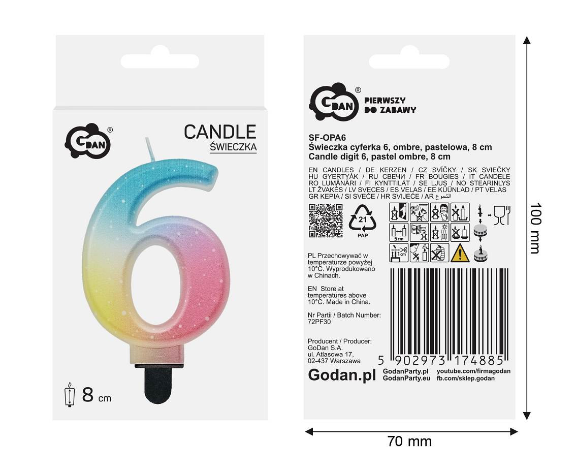 Candle digit 6, pastel ombre, 8 cm EOL