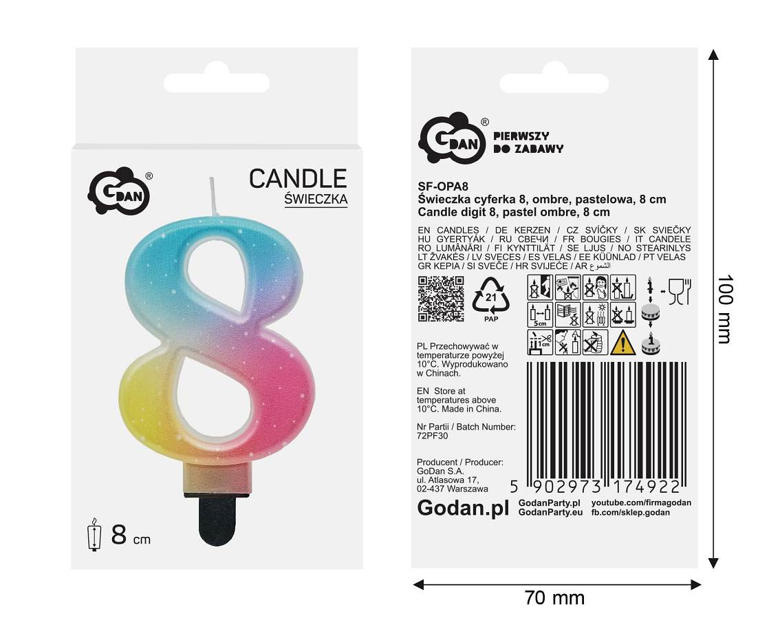 Candle digit 8, pastel ombre, 8 cm EOL