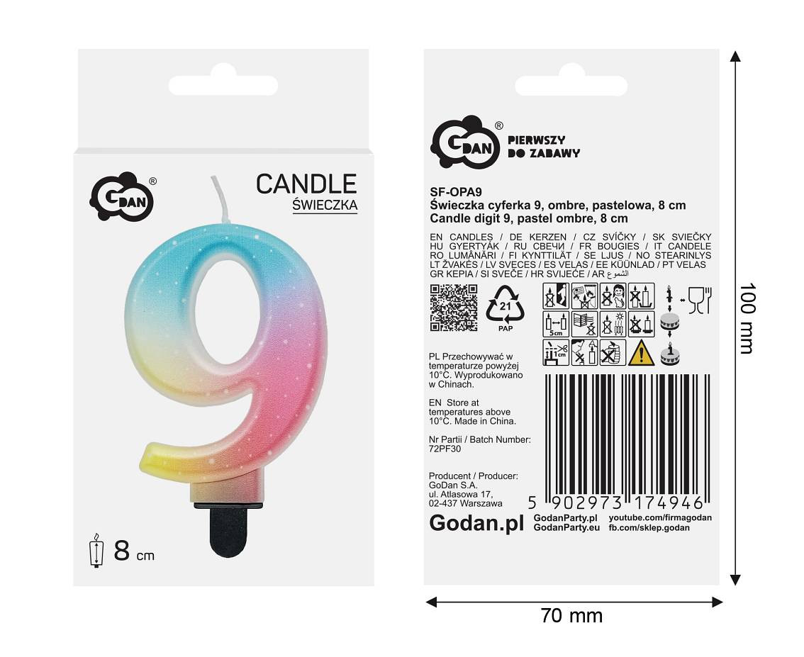Candle digit 9, pastel ombre, 8 cm EOL