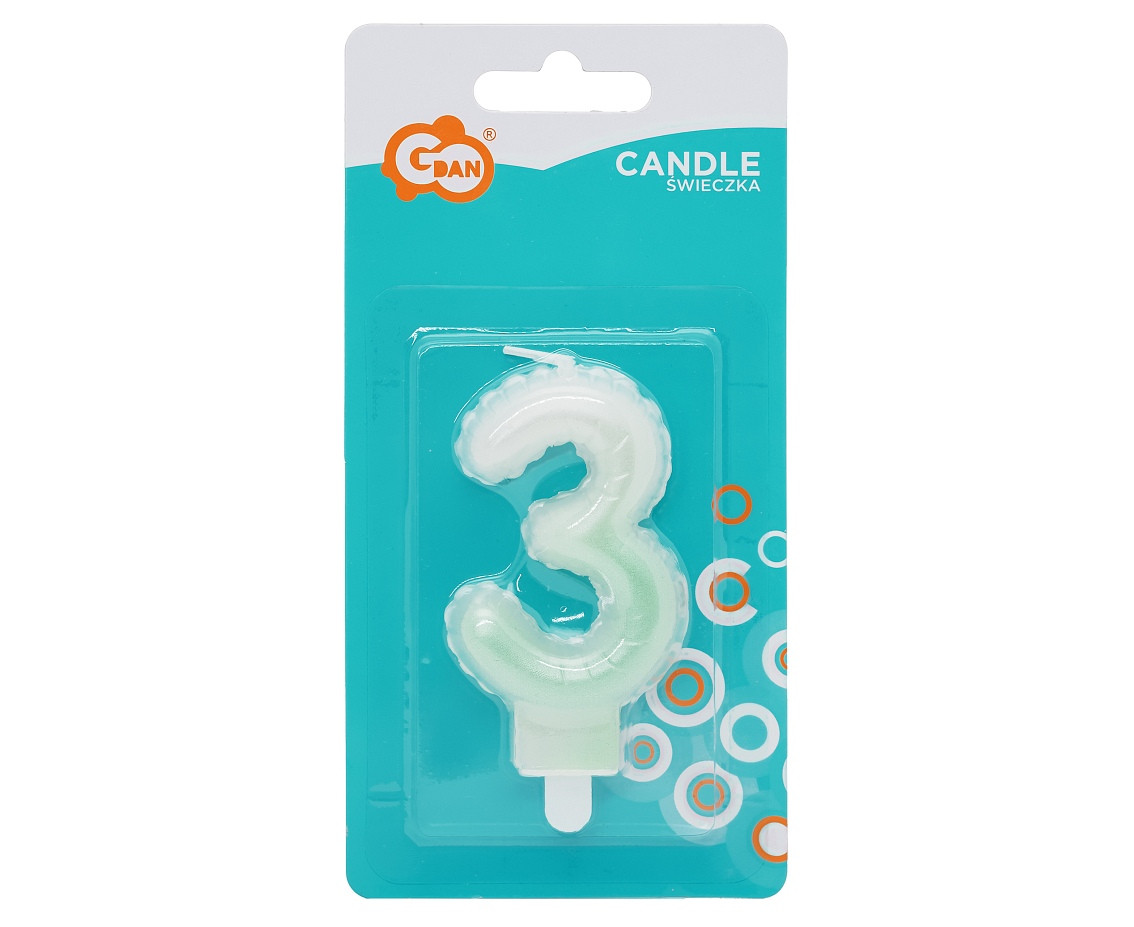 Candle digit 3, ombre, pearly white-green, 7 cm EOL