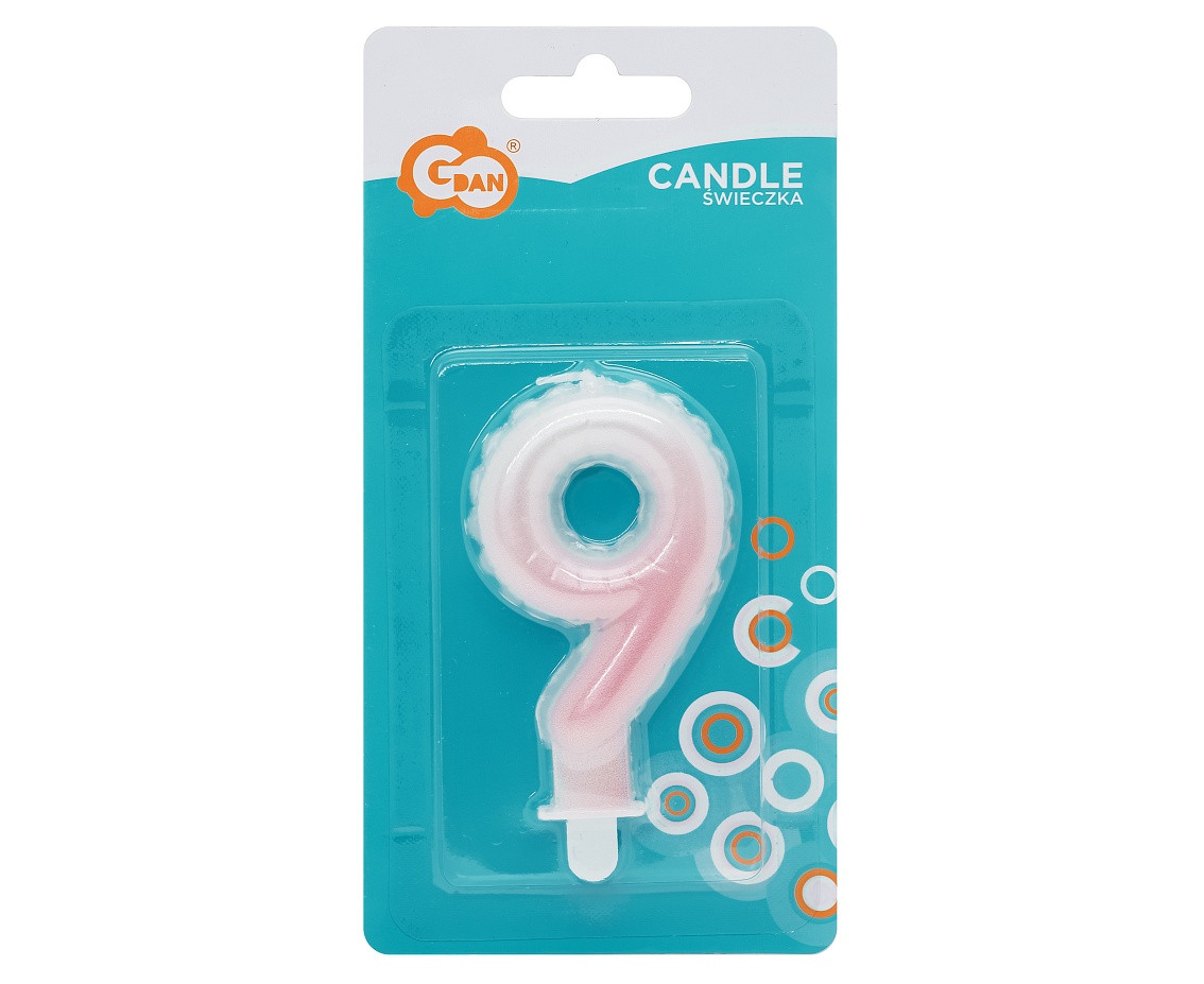 Candle digit 9, ombre, pearly white-pink, 7 cm EOL