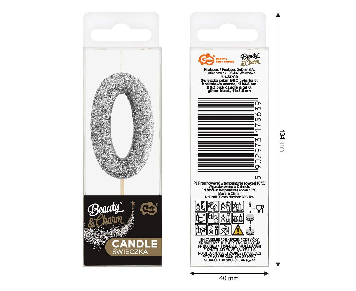 B&C pick candle digit 0, silver bio glitter, total lenght 11,5 cm