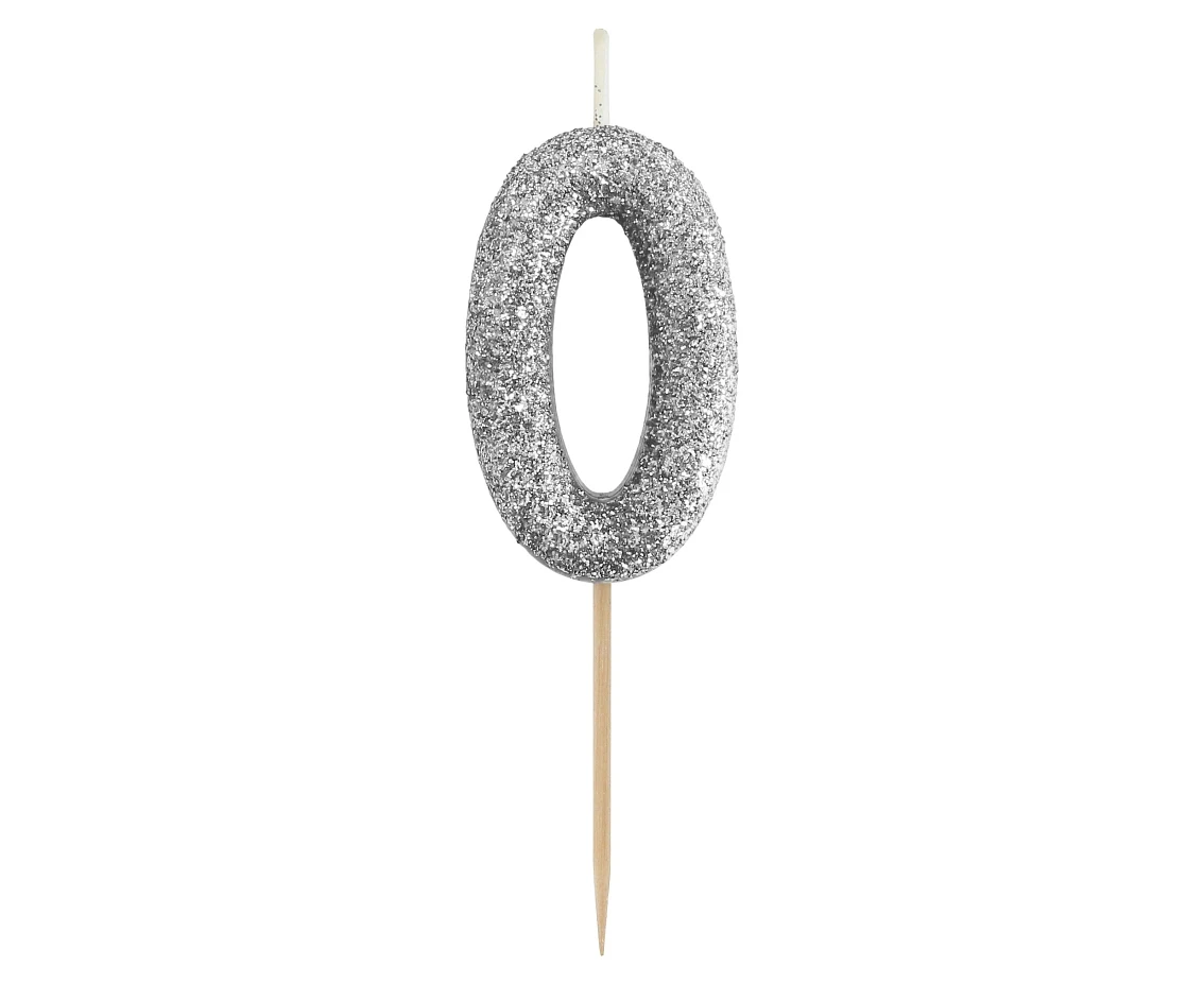 B&C pick candle digit 0, silver bio glitter, total lenght 11,5 cm