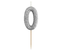 B&C pick candle digit 0, silver bio glitter, total lenght 11,5 cm