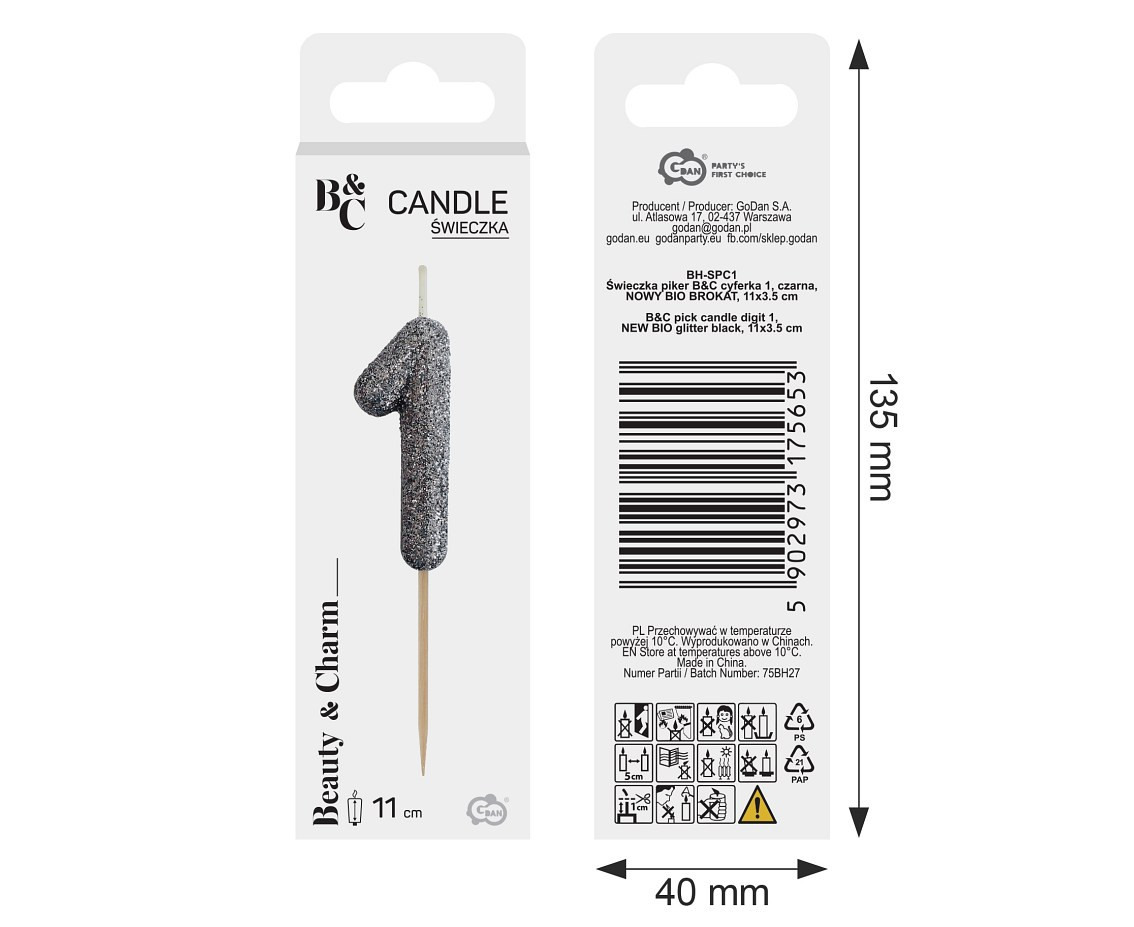 B&C pick candle digit 1, silver bio glitter, total lenght 11,5 cm