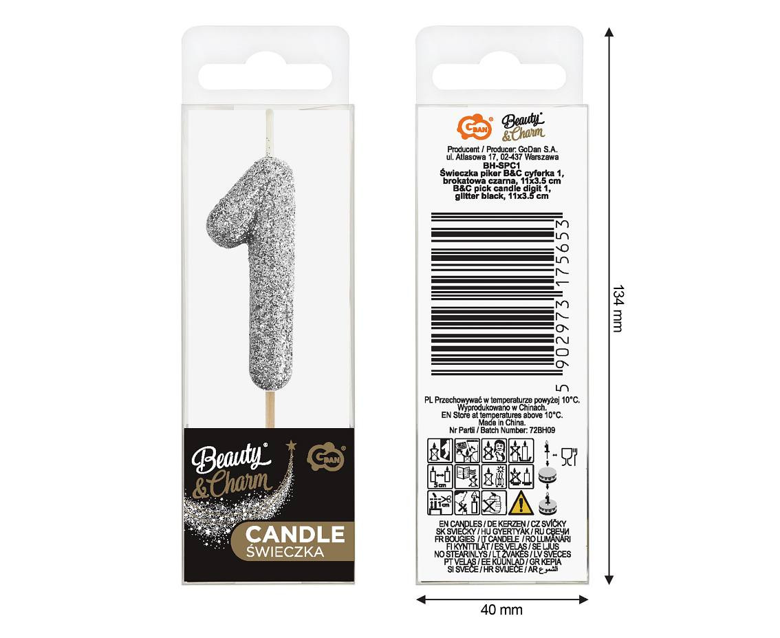 B&C pick candle digit 1, silver bio glitter, total lenght 11,5 cm