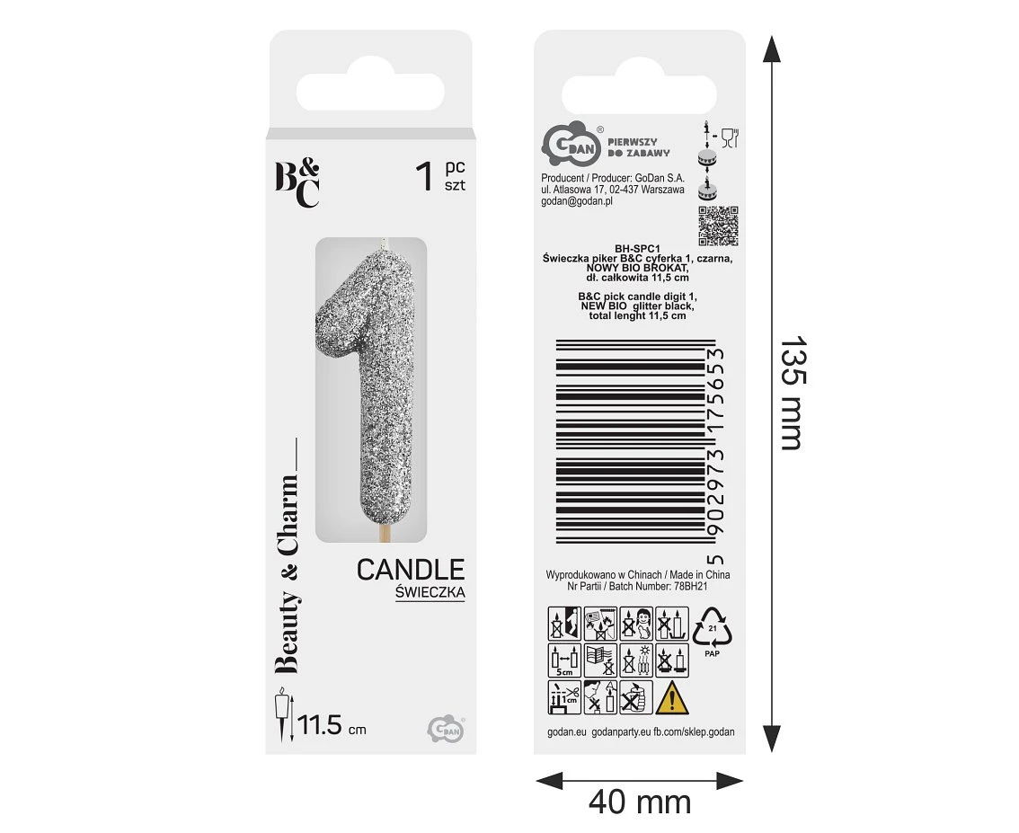 B&C pick candle digit 1, silver bio glitter, total lenght 11,5 cm