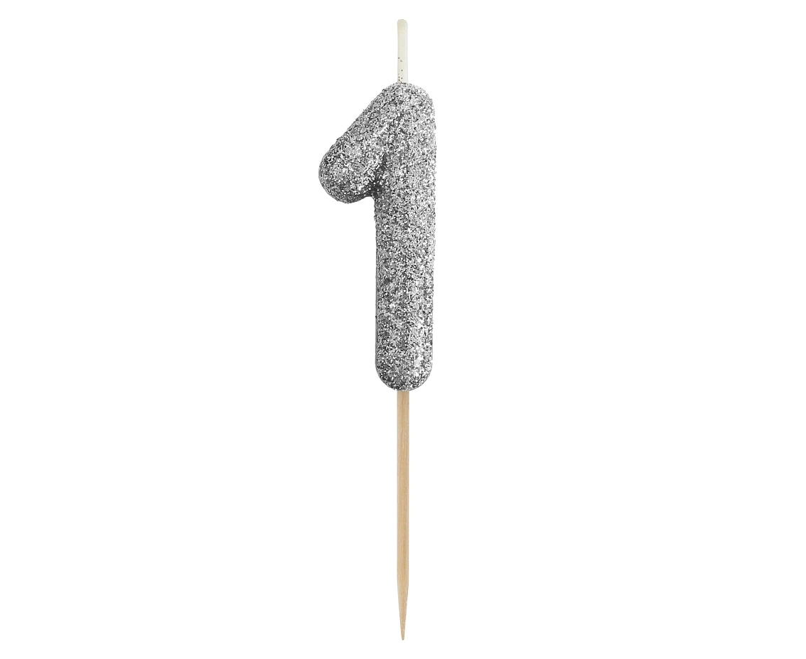 B&C pick candle digit 1, silver bio glitter, total lenght 11,5 cm