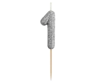 B&C pick candle digit 1, silver bio glitter, total lenght 11,5 cm