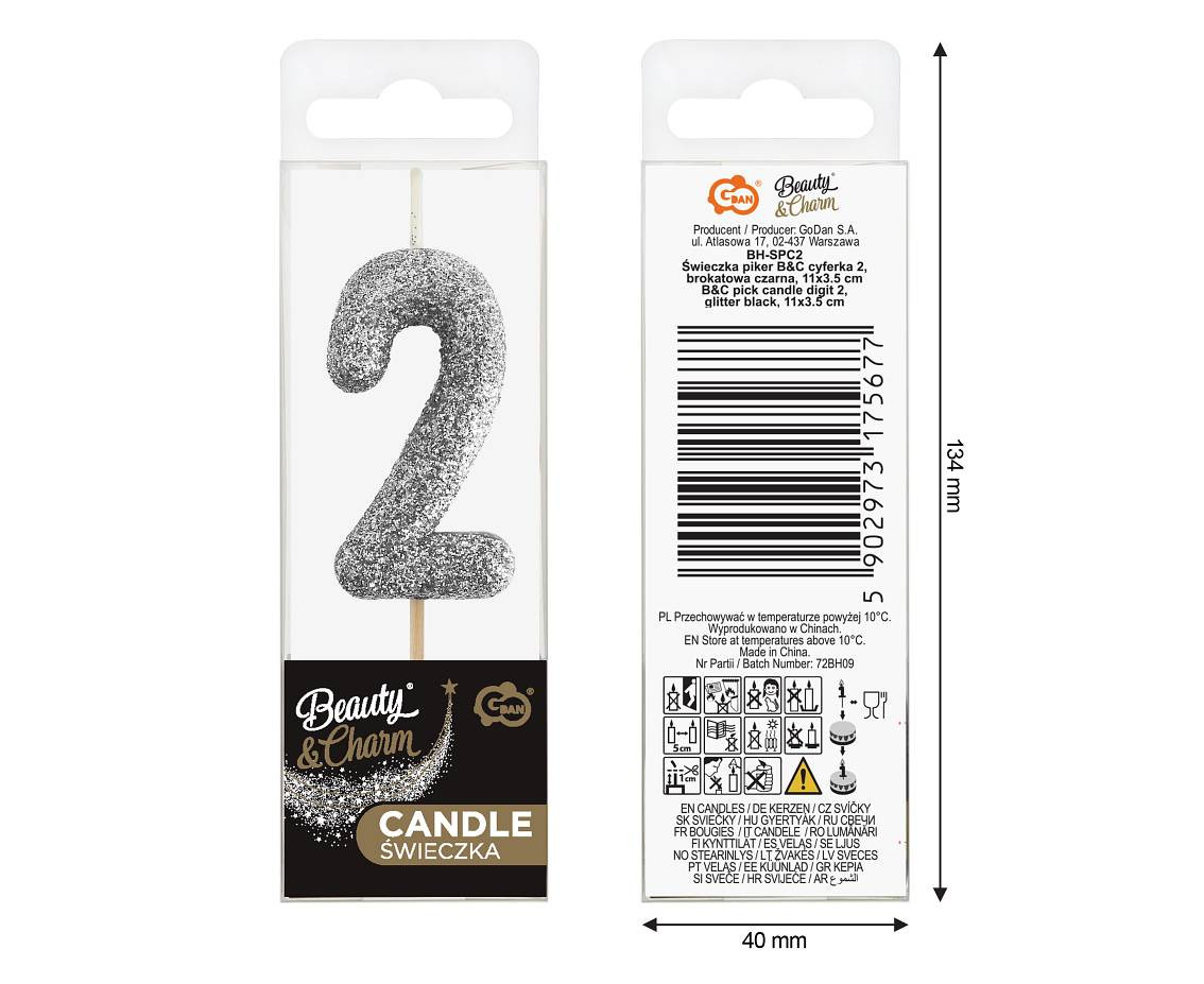 B&C pick candle digit 2, silver bio glitter, total lenght 11,5 cm