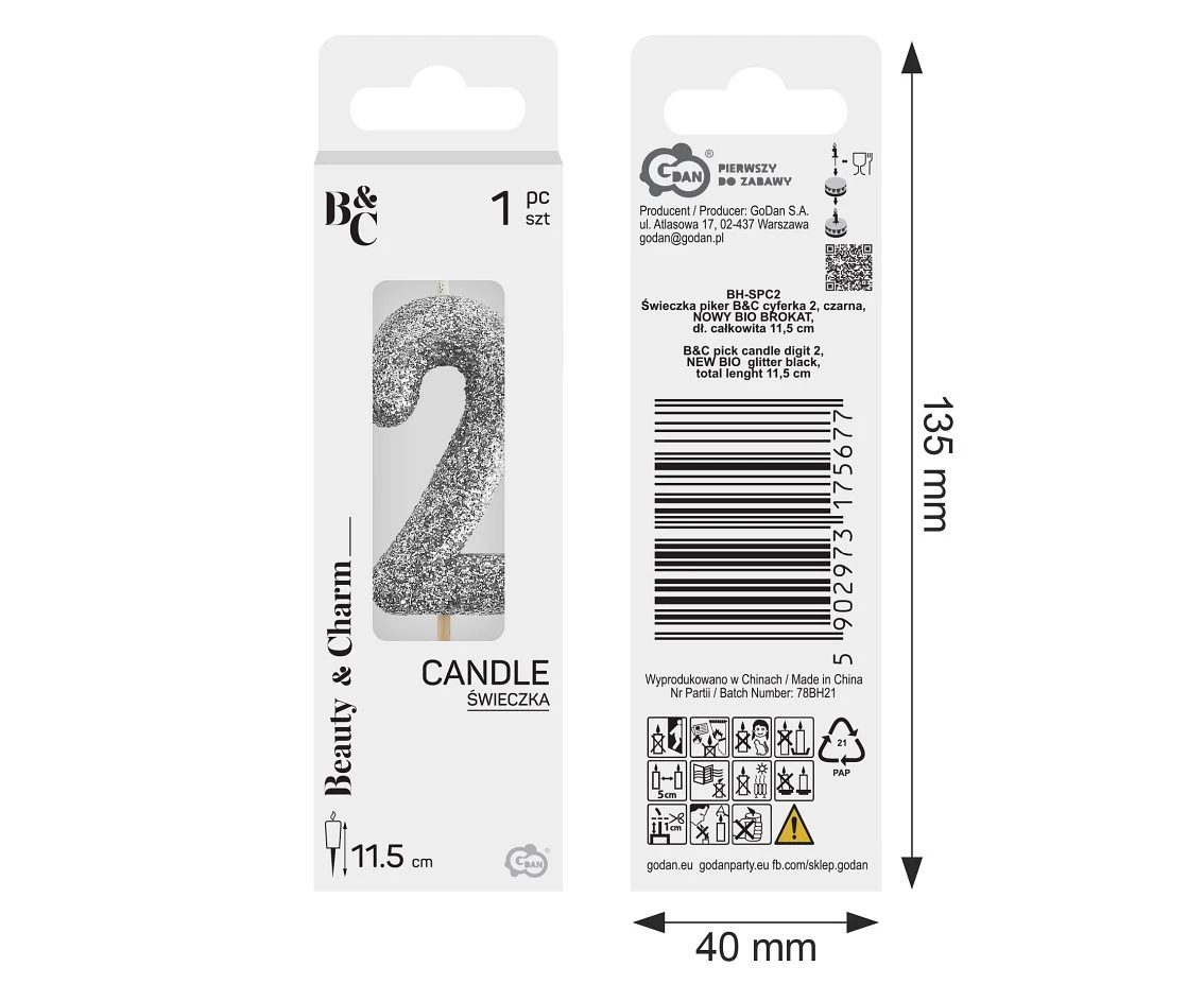 B&C pick candle digit 2, silver bio glitter, total lenght 11,5 cm