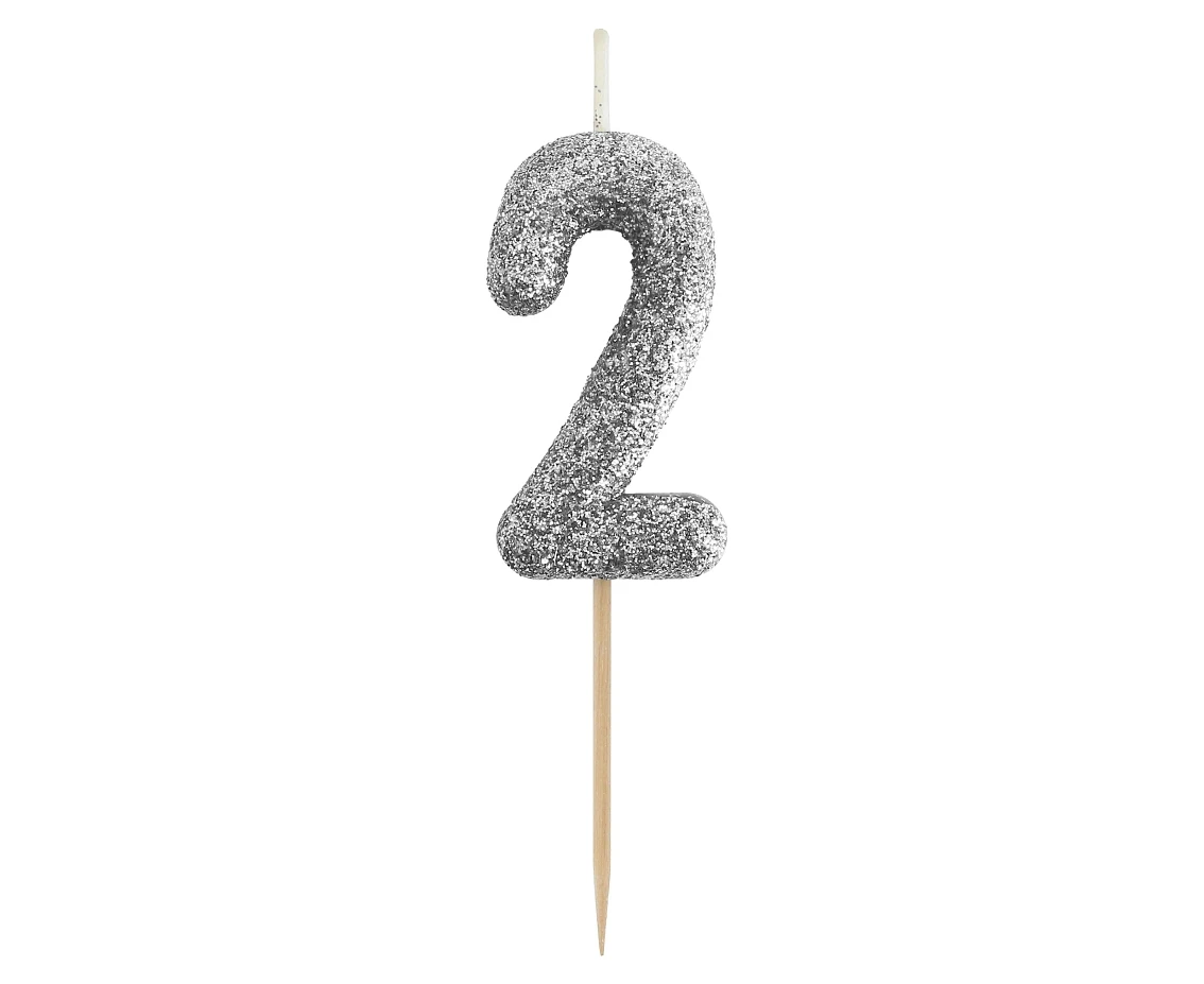 B&C pick candle digit 2, silver bio glitter, total lenght 11,5 cm