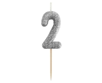 B&C pick candle digit 2, silver bio glitter, total lenght 11,5 cm