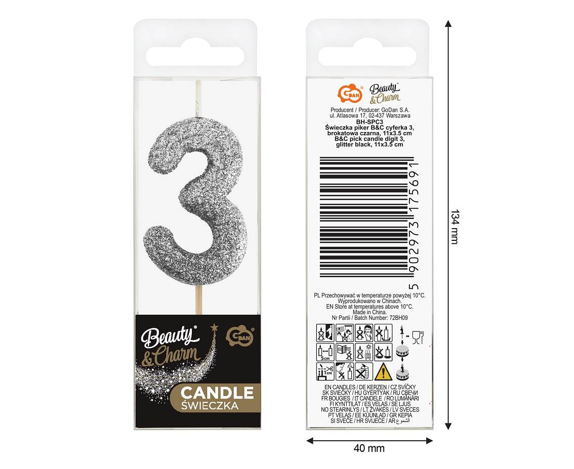 B&C pick candle digit 3, silver bio glitter, total lenght 11,5 cm