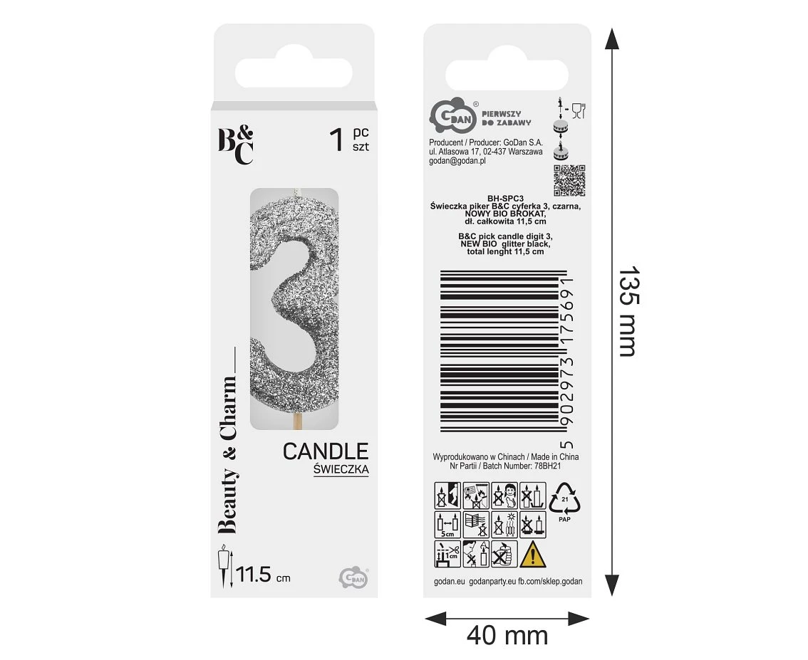 B&C pick candle digit 3, silver bio glitter, total lenght 11,5 cm