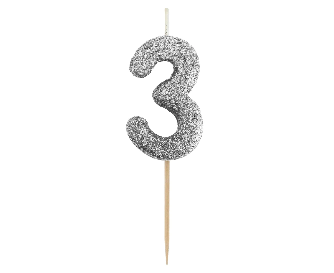 B&C pick candle digit 3, silver bio glitter, total lenght 11,5 cm